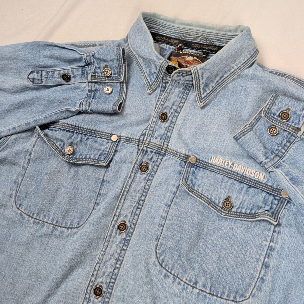 Vintage Y2K Harley Davidson Mens Large Light Wash Denim Long Sleeve Button Up